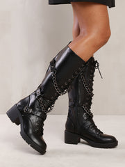 ROCKY CALF LACE UP BOOT WITH DOUBLE CHAIN DESIGN IN BLACK FAUX LEATHER