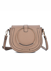GEM SHOULDER BAG WITH GOLDEN CIRCLE DETAIL IN TAUPE FAUX LEATHER