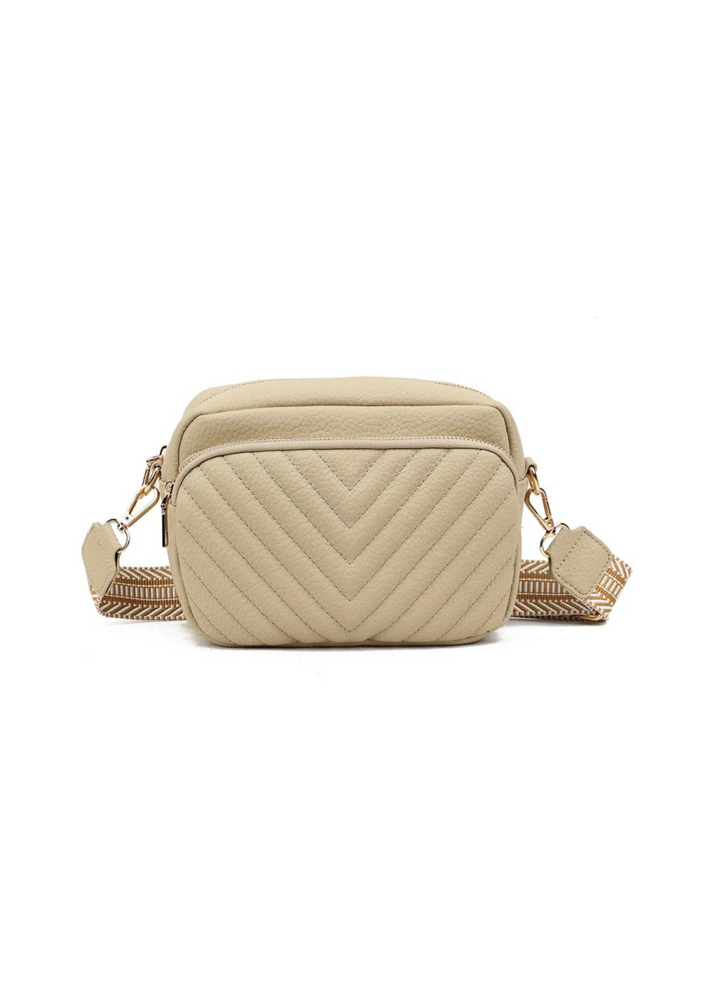 HALYCON CROSS BODY BAG WITH STITCHING DETAIL IN CAMEL FAUX LEATHER
