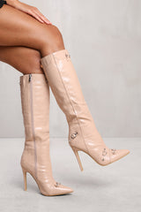 AMELIA BELOW KNEE HIGH HEEL BOOT WITH STUD AND BUCKLE DETAIL IN NUDE