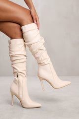 ALESSIA BELOW KNEE HIGH HEEL SLOUCH BOOT IN CREAM FAUX LEATHER