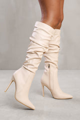 ALESSIA BELOW KNEE HIGH HEEL SLOUCH BOOT IN CREAM FAUX LEATHER