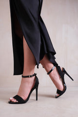 VENUS HIGH HEELS WITH THREADED WIDE STRAPS IN BLACK FAUX LEATHER