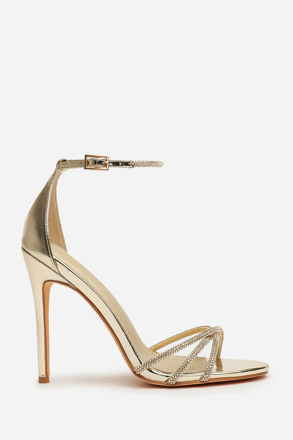 Rose Stiletto High Heels With Rhinestone Strap in Gold Chrome