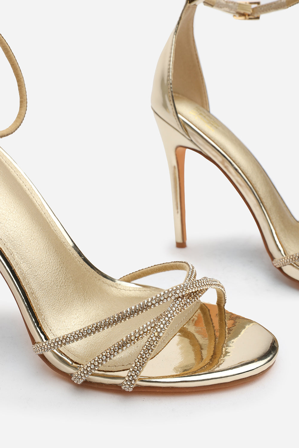 Rose Stiletto High Heels With Rhinestone Strap in Gold Chrome