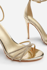 Rose Stiletto High Heels With Rhinestone Strap in Gold Chrome