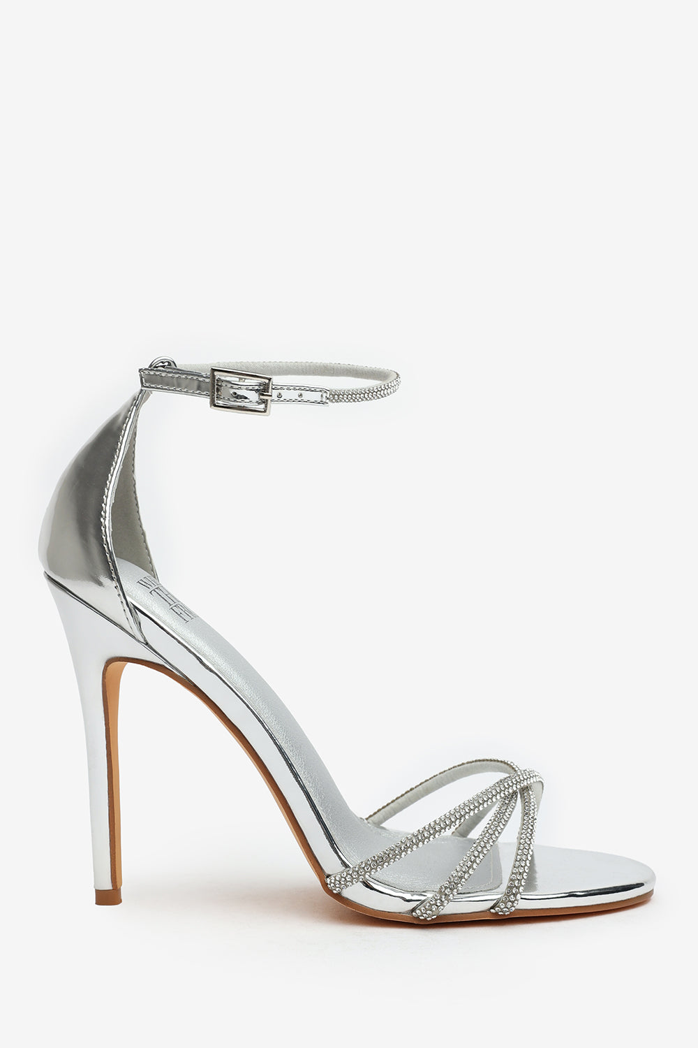Rose Stiletto High Heels With Rhinestone Strap in Silver Chrome
