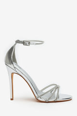 Rose Stiletto High Heels With Rhinestone Strap in Silver Chrome