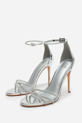 Rose Stiletto High Heels With Rhinestone Strap in Silver Chrome