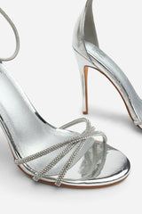 Rose Stiletto High Heels With Rhinestone Strap in Silver Chrome