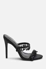 Crispine Black Beaded High Heel Mule Sandals