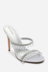 Crispine Silver Beaded High Heel Mule Sandals