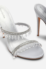 Crispine Silver Beaded High Heel Mule Sandals