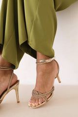 ISEPPA DIAMANTE KNOT DETAIL WITH CROSS OVER ANKLE STRAP HIGH HEELS IN GOLD CHROME