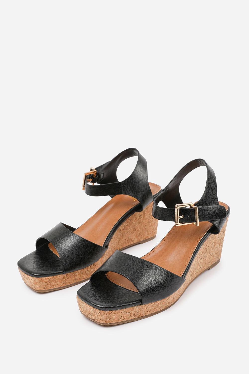 GISELLE  WEDGE SANDALS WITH BUCKLE ANKLE STRAP IN BLACK GRAIN PU