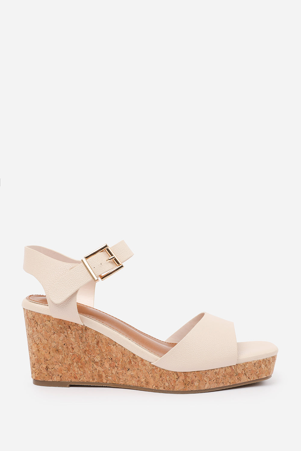 GISELLE  WEDGE SANDALS WITH BUCKLE ANKLE STRAP IN CREAM GRAIN PU