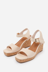 GISELLE  WIDE FIT WEDGE SANDALS WITH BUCKLE ANKLE STRAP IN CREAM GRAIN PU