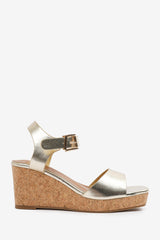 GISELLE  WIDE FIT WEDGE SANDALS WITH BUCKLE ANKLE STRAP IN GOLD GRAIN PU