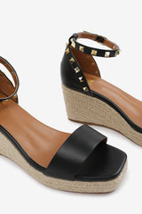 PRESLEY WEDGE SANDALS WITH GLADIATOR  ANKLE STRAP IN BLACK PU