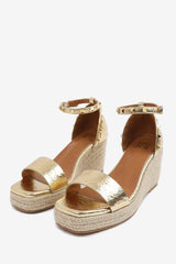 PRESLEY WEDGE SANDALS WITH GLADIATOR  ANKLE STRAP IN GOLD CREASE PU