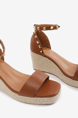 PRESLEY WIDE FIT WEDGE SANDALS WITH GLADIATOR  ANKLE STRAP IN TAN PU