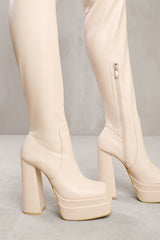 SHILOH BLOCK HEEL KNEE HIGH STRETCH BOOTS WITH SQUARE TOE IN IVORY CREAM FAUX LEATHER