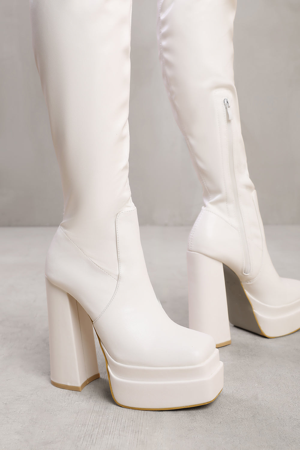 ELSIE OVER KNEE BLOCK HEEL PLATFORM BOOT IN WHITE