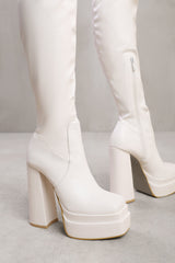 ELSIE OVER KNEE BLOCK HEEL PLATFORM BOOT IN WHITE