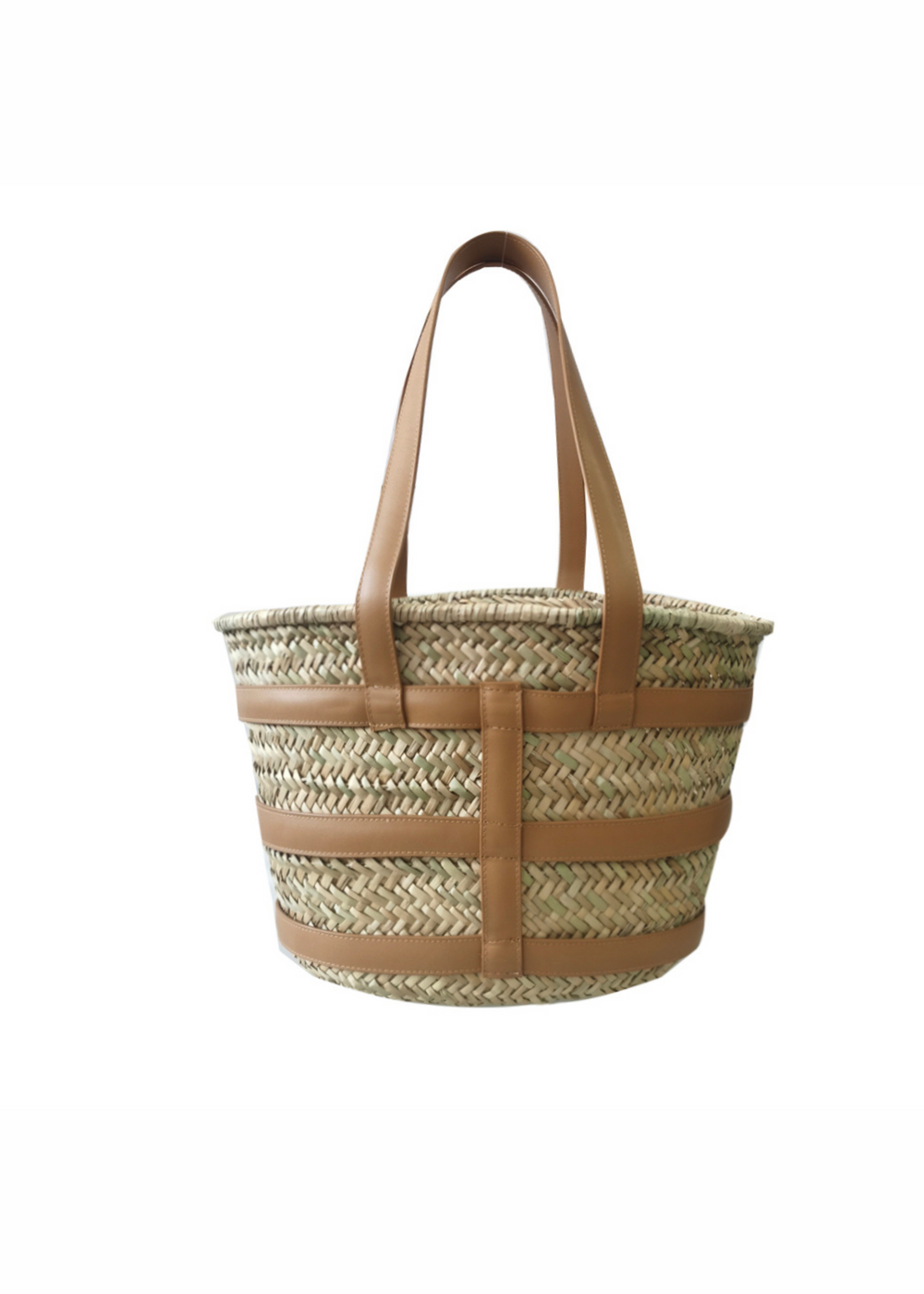 OCEAN RATAN BEACH BAG WITH PU STRAP DETAILING IN TAN FAUX LEATHER