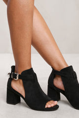 ZANEEN BLOCK HEEL WITH SIDE BUCKLE AND OPEN TOE FRONT IN BLACK SUEDE