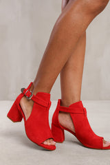 LISA BLOCK HEEL WITH SIDE BUCKLE AND OPEN TOE FRONT IN ROUGE RED SUEDE