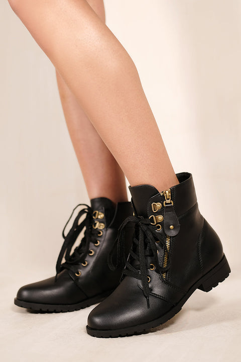 KAIYA LOW HEEL MILITARY ANKLE BOOTS WITH SIDE ZIP & LACE UP IN BLACK FAUX LEATHER