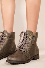 KAIYA LOW HEEL MILITARY ANKLE BOOTS WITH SIDE ZIP & LACE UP IN KHAKI FAUX LEATHER