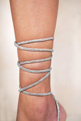 DIAMANTE STRAP LACE UP TIE LEG HIGH HEELS IN MOON SILVER SILK