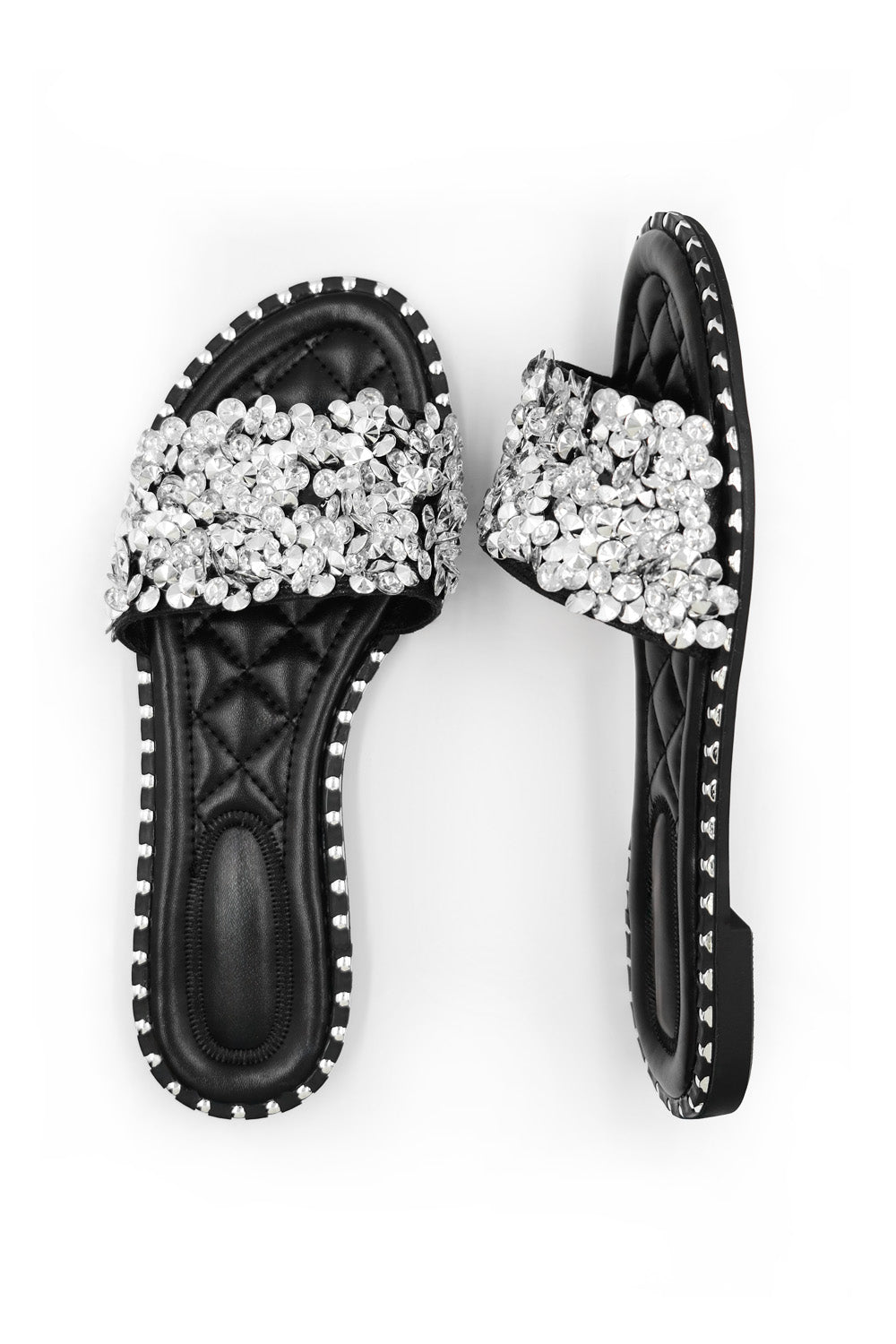 POPPY WIDE FIT DIAMANTE SPARKLY FLAT SLIDERS IN BLACK