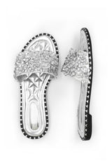 BELLE DIAMANTE SPARKLY FLAT SLIDERS IN MOON SILVER