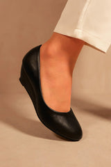 KIERAN WIDE FIT PLATFORM LOW WEDGE MID HEEL COURT SHOES IN BLACK FAUX LEATHER