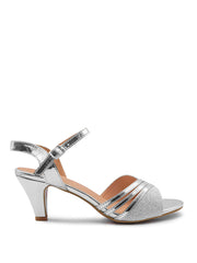 STORMI LOW HEEL SANDALS WITH BUCKLE ANKLE STRAP IN MOON SILVER GLITTER