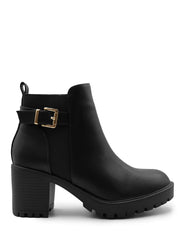 KALI MID BLOCK HEEL WITH BUCKLE DETAIL STRETCH ANKLE BOOTS IN BLACK FAUX LEATHER