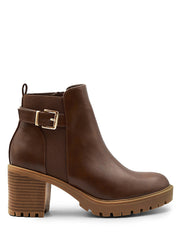 KALI MID BLOCK HEEL WITH BUCKLE DETAIL STRETCH ANKLE BOOTS IN BROWN FAUX LEATHER