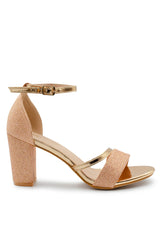 ACELINE MID HIGH BLOCK HEEL SANDALS WITH ANKLE STRAP IN ROSE GOLD