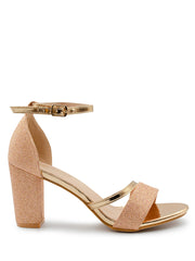 ACELINE MID HIGH BLOCK HEEL SANDALS WITH ANKLE STRAP IN ROSE GOLD