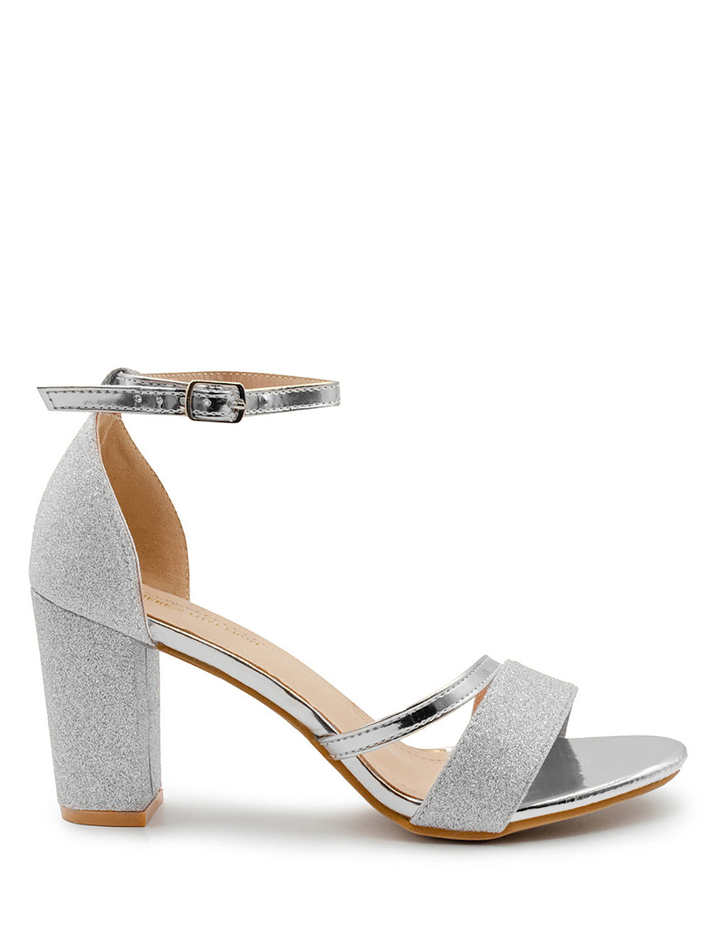 ACELINE MID HIGH BLOCK HEEL SANDALS WITH ANKLE STRAP IN SILVER