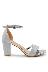 ACELINE MID HIGH BLOCK HEEL SANDALS WITH ANKLE STRAP IN SILVER