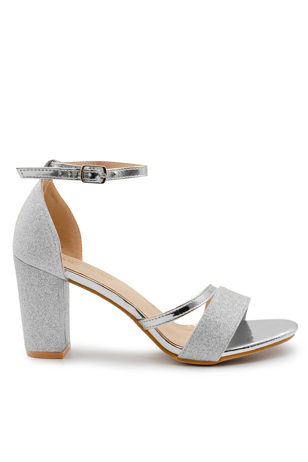 GRACIE MID HIGH BLOCK HEEL SANDALS WITH ANKLE STRAP IN SILVER