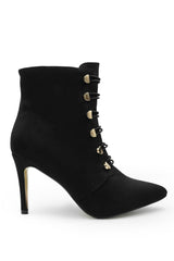 BLYTHE POINTED TOE MID HEEL ANKLE BOOTS WITH GOLD BUTTONS IN BLACK FAUX SUEDE