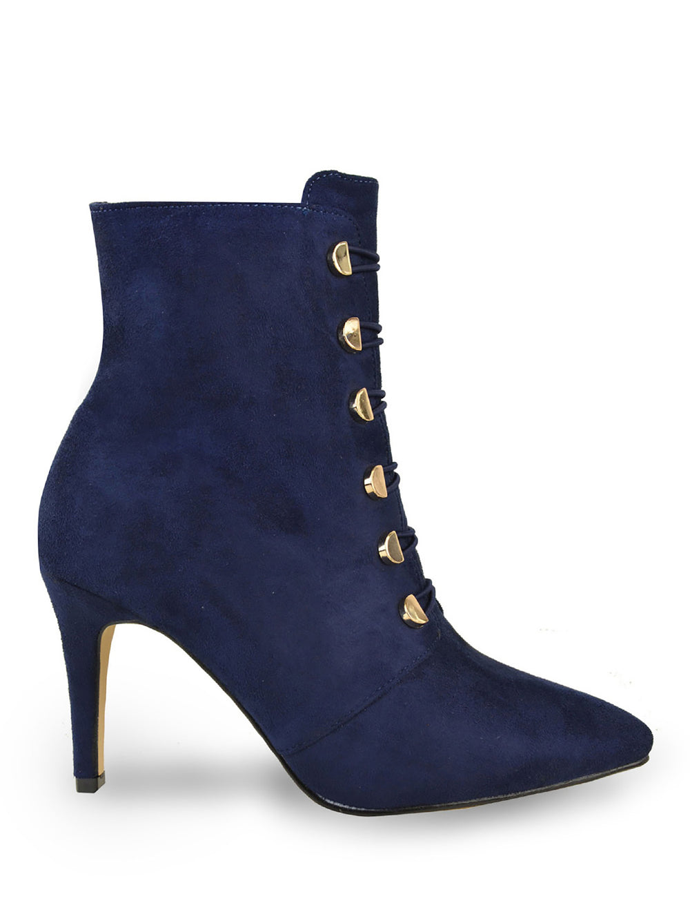 BLYTHE POINTED TOE MID HEEL ANKLE BOOTS WITH GOLD BUTTONS IN NAVY BLUE FAUX SUEDE