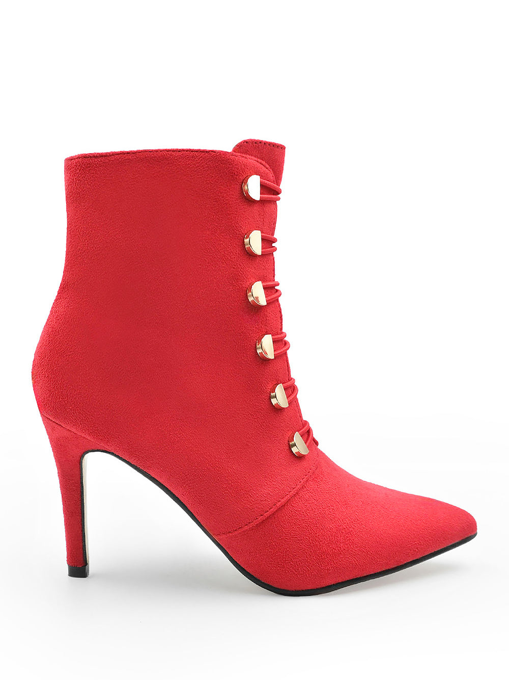 BLYTHE POINTED TOE MID HEEL ANKLE BOOTS WITH GOLD BUTTONS IN ROUGE RED FAUX SUEDE