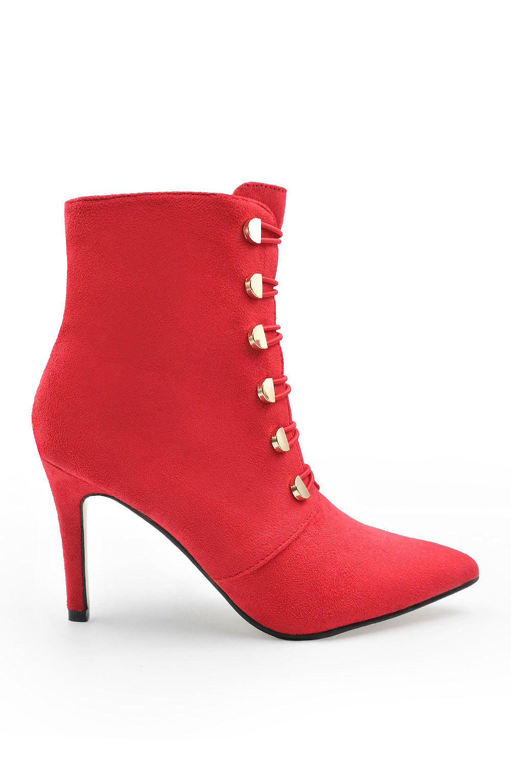 BLYTHE POINTED TOE MID HEEL ANKLE BOOTS WITH GOLD BUTTONS IN ROUGE