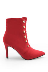 BLYTHE POINTED TOE MID HEEL ANKLE BOOTS WITH GOLD BUTTONS IN ROUGE RED FAUX SUEDE